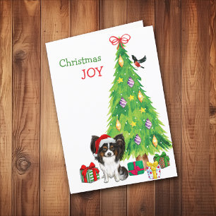 Cute Santa Papillon Dog and Christmas Tree Holiday Card