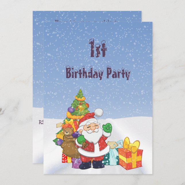Cute Santa & Parcels Snow Scenery 1st Birthday Invitation (Front/Back)