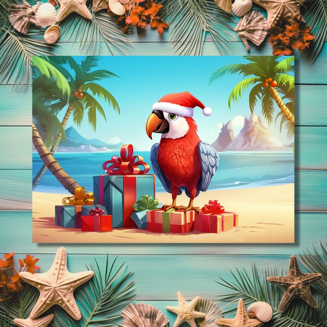 Cute Santa Parrot Tropical Beach Christmas Holiday Card (Front - Cute Santa Parrot Tropical Beach Christmas Holiday Card)