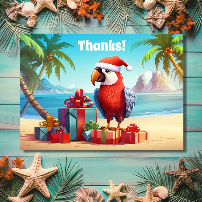 Cute Santa Parrot Tropical Beach Christmas Thank You Card (Front - Cute Santa Parrot Tropical Beach Christmas Thank You Card)