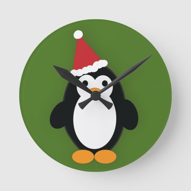 Cute Santa Penguin Round Clock (Front)