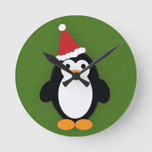 Cute Santa Penguin Round Clock