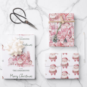 Cute Santa Pink Winter Town Christmas Wrapping Paper Sheet