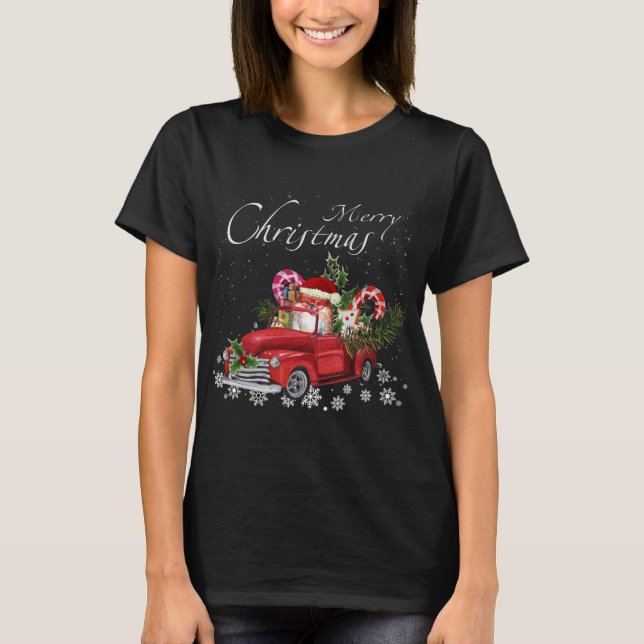 Cute Santa Pomeranian Riding Red Truck Merry Chris T-Shirt (Front)
