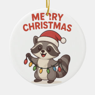 Cute Santa Raccoon Funny Christmas Lights Raccoon Ceramic Ornament