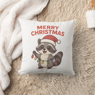 Cute Santa Raccoon Funny Christmas Lights Raccoon Cushion