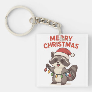 Cute Santa Raccoon Funny Christmas Lights Raccoon Key Ring