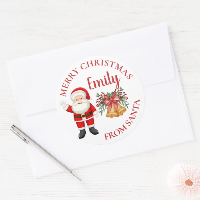 Cute Santa Red Berries Bell Name Merry Christmas Classic Round Sticker (Envelope)