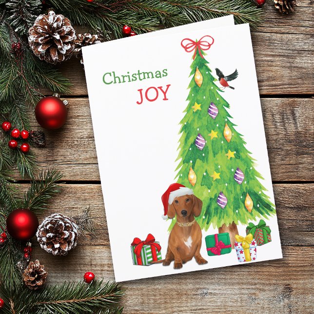 Cute Santa Red Dachshund Dog and Christmas Tree Holiday Card (Creator Uploaded)