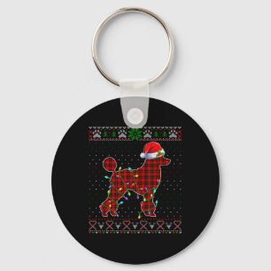 Cute Santa Red Plaid Poodle Light Ugly Christmas Key Ring