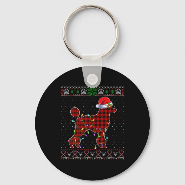 Cute Santa Red Plaid Poodle Light Ugly Christmas  Key Ring (Front)