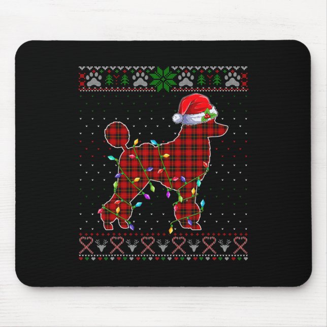 Cute Santa Red Plaid Poodle Light Ugly Christmas  Mouse Pad (Front)