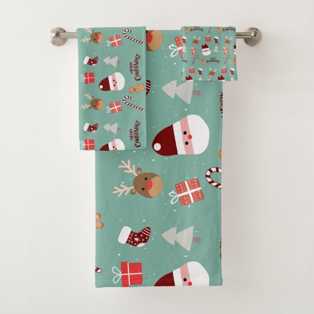 Cute Santa Reindeer Candy Cane Gingerbread Pattern Bath Towel Set (Insitu)
