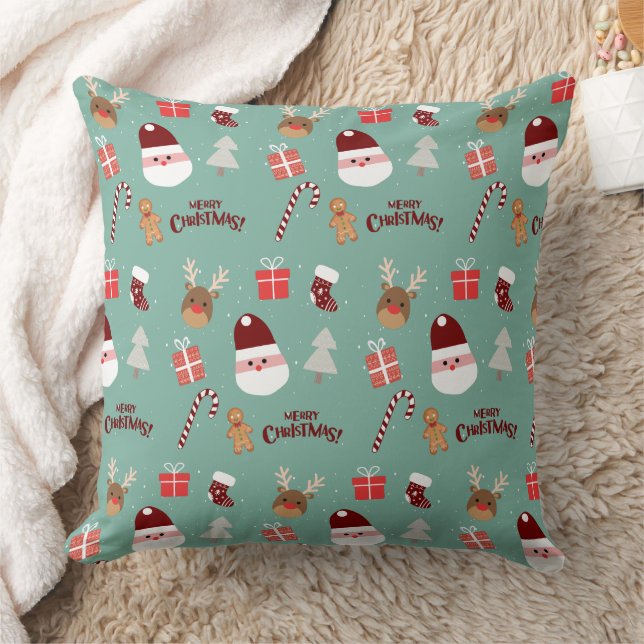 Cute Santa Reindeer Candy Cane Gingerbread Pattern Cushion (Blanket)
