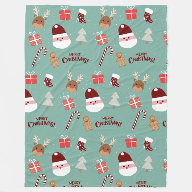 Cute Santa Reindeer Candy Cane Gingerbread Pattern Fleece Blanket (Front)