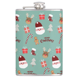 Cute Santa Reindeer Candy Cane Gingerbread Pattern Hip Flask
