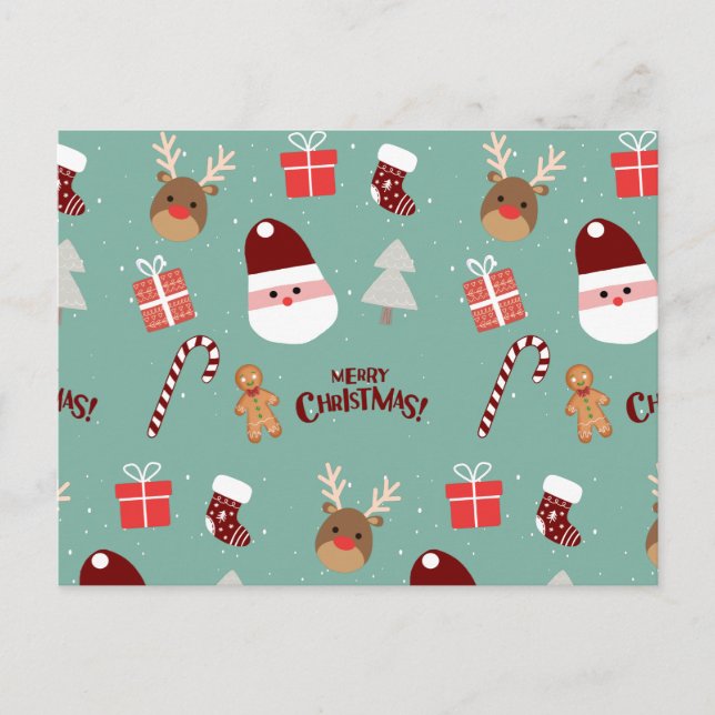 Cute Santa Reindeer Candy Cane Gingerbread Pattern Holiday Postcard (Front)