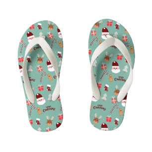 Cute Santa Reindeer Candy Cane Gingerbread Pattern Kid's Thongs