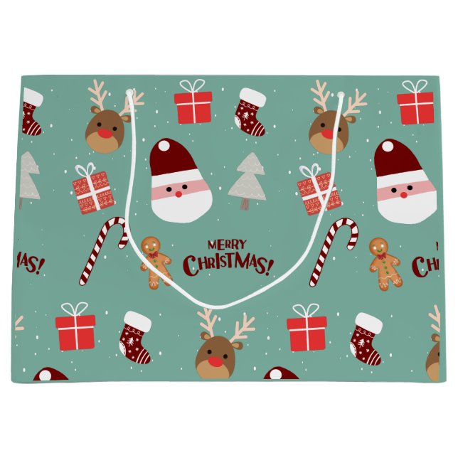 Cute Santa Reindeer Candy Cane Gingerbread Pattern Large Gift Bag (Front)
