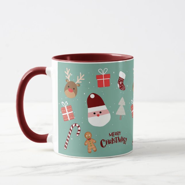 Cute Santa Reindeer Candy Cane Gingerbread Pattern Mug (Left)
