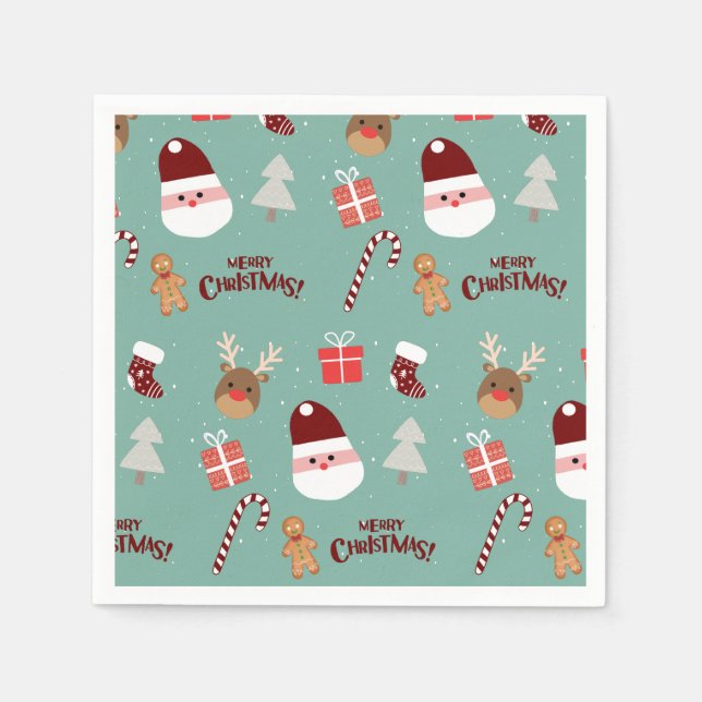 Cute Santa Reindeer Candy Cane Gingerbread Pattern Napkin (Front)