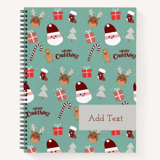 Cute Santa Reindeer Candy Cane Gingerbread Pattern Notebook (Front)