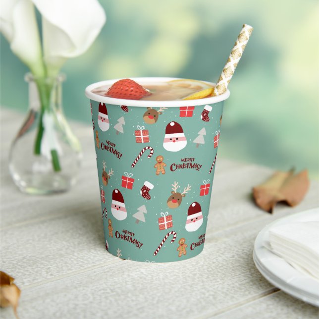 Cute Santa Reindeer Candy Cane Gingerbread Pattern Paper Cups (Insitu)