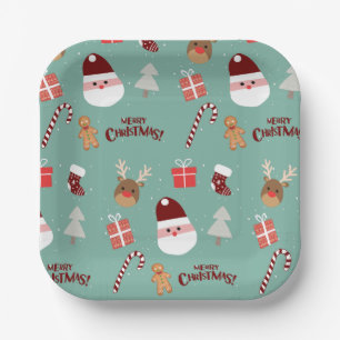 Cute Santa Reindeer Candy Cane Gingerbread Pattern Paper Plate