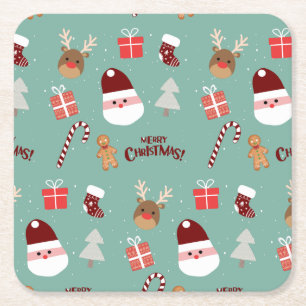 Cute Santa Reindeer Candy Cane Gingerbread Pattern Square Paper Coaster