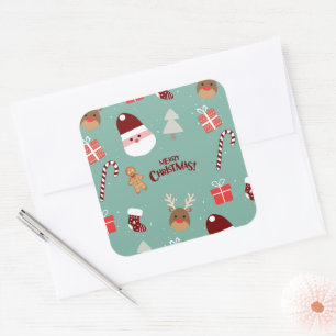 Cute Santa Reindeer Candy Cane Gingerbread Pattern Square Sticker