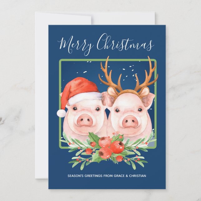 Cute Santa Reindeer Christmas Pig Couple Holiday Card (Front)