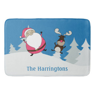 Cute Santa & Reindeer custom name bath mats