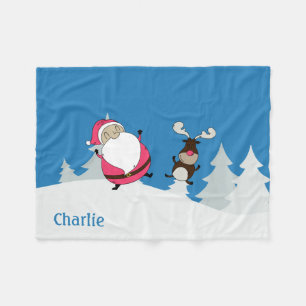 Cute Santa & Reindeer custom name fleece blankets
