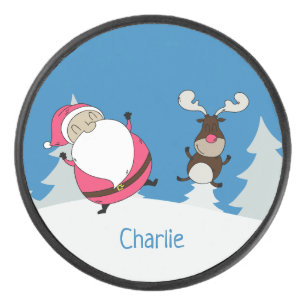 Cute Santa & Reindeer custom name hockey puck