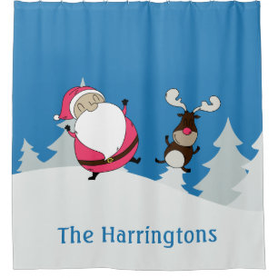 Cute Santa & Reindeer custom name shower curtain