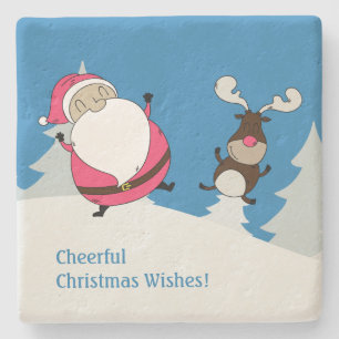 Cute Santa & Reindeer custom text stone coasters