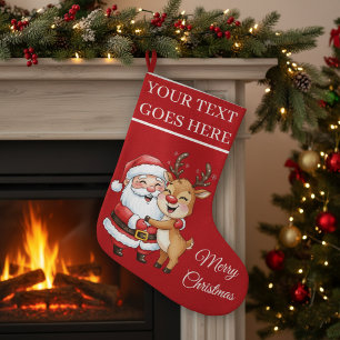 Cute Santa & Reindeer Hugging Personalised Large Christmas Stocking