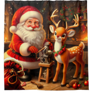 Cute Santa & Reindeer Shower Curtain