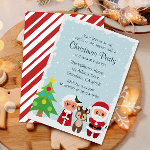Cute Santa   Reindeer   Snow Flake Christmas Party Invitation