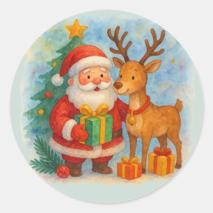 Cute Santa & Reindeer Watercolor Holiday kids  Classic Round Sticker