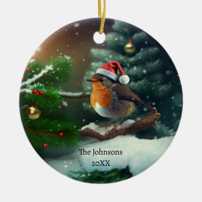 Cute Santa Robin with custom text/textless Ceramic Ornament (Front)