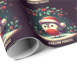 Cute Santa Robins Romanian Flag Wrapping Paper