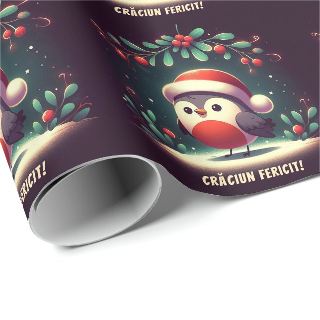 Cute Santa Robins Romanian Flag  Wrapping Paper (Roll Corner)