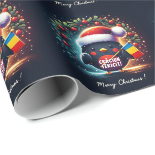Cute Santa Robins Romanian Flag  Wrapping Paper