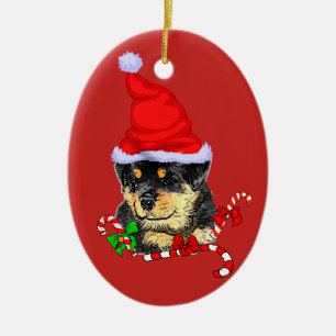 Cute Santa Rottweiler Puppy Christmas Ceramic Ornament