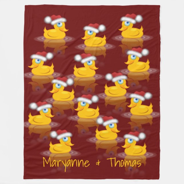 Cute Santa Rubber Ducks On Dark Red Background Fleece Blanket (Front)