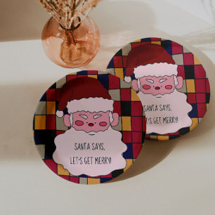Cute Santa Says, Let's Get Merry! Christmas Party Paper Plate