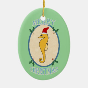 Cute Santa Seahorse Christmas Blue Green Ceramic Ornament