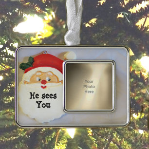 Cute Santa Sees You Personalised Photo Silver Plated Framed Ornament
