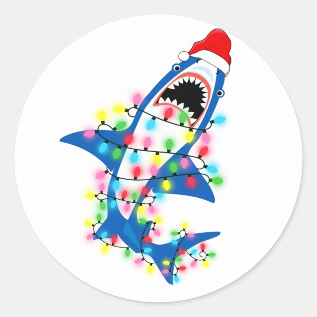 Cute Santa Shark Christmas Lights Classic Round Sticker (Front)